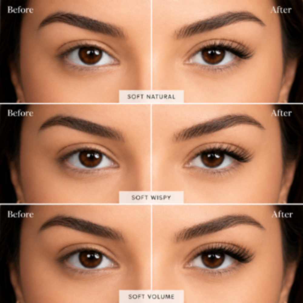 A 3x2 before-and-after comparison grid showing eyebrow makeup results on a woman's face. The top row is labeled 'SOFT NATURAL' and the bottom row is labeled 'SOFT WISPY' and 'SOFT VOLUME', with 'Before' and 'After' text at the corners of each panel.